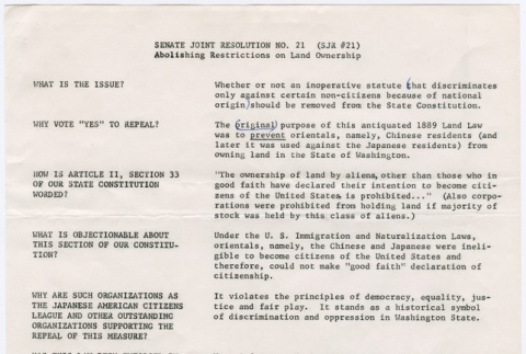 Senate Joint Resolution No. 21 (SJR #21): Abolishing Restrictions on Land Ownership fact sheet (ddr-densho-280-30)