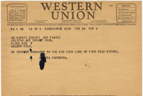 Western Union Telegram to Domoto Family from Martha Pakemura (ddr-densho-329-659)