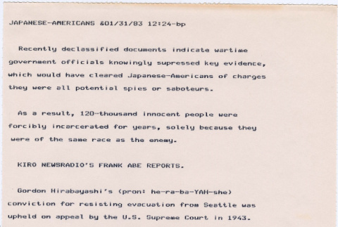 Wire copy report on Hirabayashi's petition (ddr-densho-122-320)