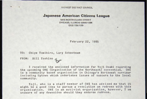 Memo and attachment to Chiye Tomihiro and Lary Schectman from Bill Yoshino (ddr-chijacl-1-687)