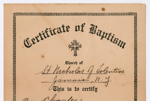 Certificate of Baptism for Charles Roselin Jr. (ddr-densho-550-44)