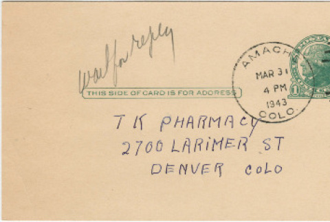 Letter sent to T.K. Pharmacy from Granada (Amache) concentration camp (ddr-densho-319-237)