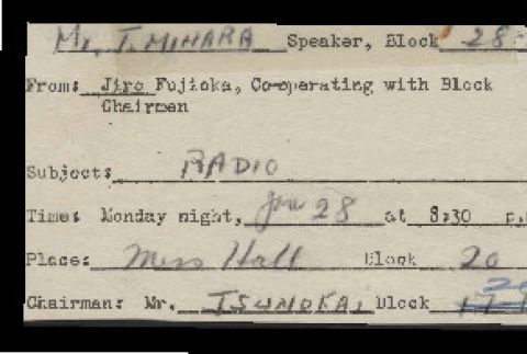 Memo from Jiro Fujioka, Co-operating with Block Chairmen, Heart Mountain, to Mr. T. Mihara, June 28, 1943 (ddr-csujad-55-698)