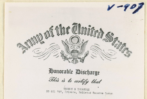 Honorable discharge for Thomas Takasugi (ddr-densho-37-1862)