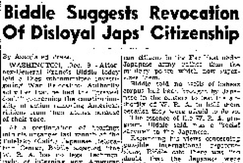 Biddle Suggests Revocation Of Disloyal Japs' Citizenship (December 9, 1943) (ddr-densho-56-995)