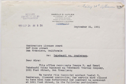 Letter from Harold Cutler to Contractors License Board (ddr-densho-424-670)