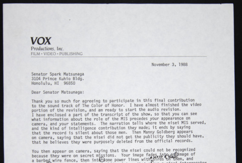 Letter from Loni Ding to Senator Spark Matsunaga (ddr-densho-1007-1046)