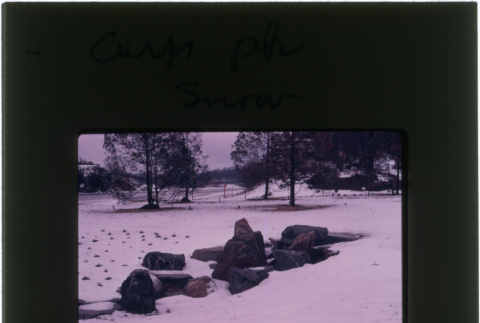 Rock sculpture in snow at the Schulman Corp. Park project (ddr-densho-377-998)