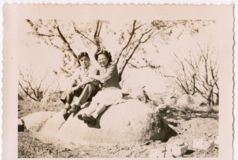 Nisei couple sitting on rock (ddr-densho-325-388)