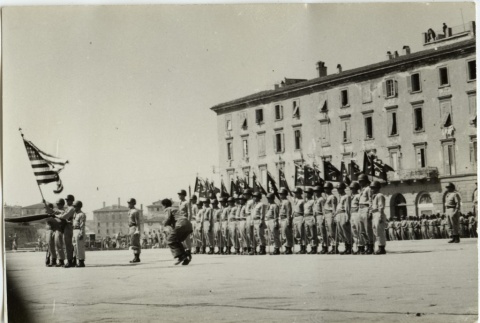 Soldiers in formation with flags (ddr-densho-201-211)