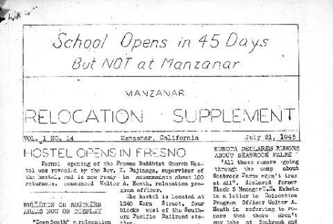 Manzanar Free Press Relocation Supplement Vol. 1 No. 14 (July 21, 1945) (ddr-densho-125-382)
