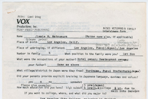 Jimmie Matsumura interview form (ddr-densho-1007-1004)
