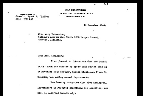 Letter from J.A. Ulio, Major General, the Adjutant General, to Mary Yamasnira, December 15, 1944 (ddr-csujad-55-240)