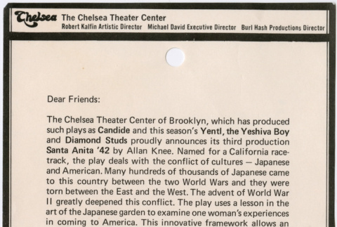 Chelsea Theater Center Announcement of Santa Anita '42 (ddr-densho-367-322)