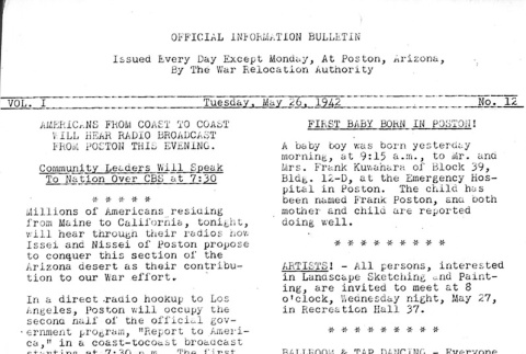 Poston Information Bulletin Vol. I No. 12 (May 26, 1942) (ddr-densho-145-12)