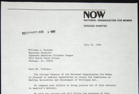 Letter to William Yoshino from Mary Jean Collins of the National Organization for Women (ddr-chijacl-1-126)