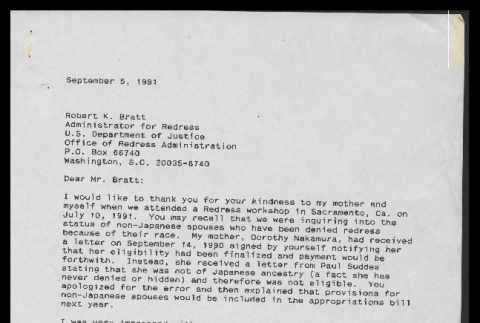 Letter from Helen Napoleon to Robert K. Bratt, Administrator for Redress, U.S. Department of Justice September 5, 1991 (ddr-csujad-55-2079)