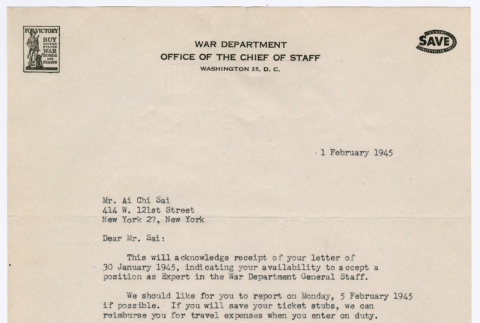 Letter from Velma N. Baldwin to Ai Chih Tsai (ddr-densho-446-105)