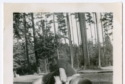 Photo of a baby lying in the grass (ddr-densho-483-733)