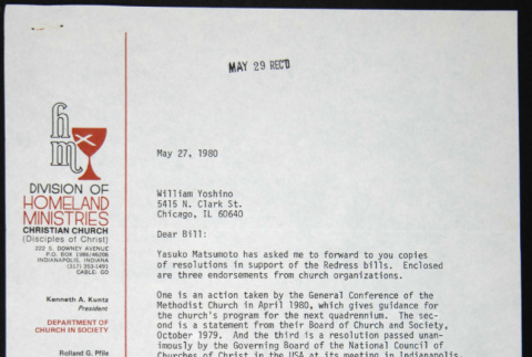 Letter to William Yoshino from JoAnne Kagiwada of the Division of Homeland Ministries (ddr-chijacl-1-138)