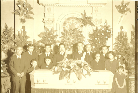 Buddhist funeral inside Shaw & Sons funeral home (ddr-densho-293-17)