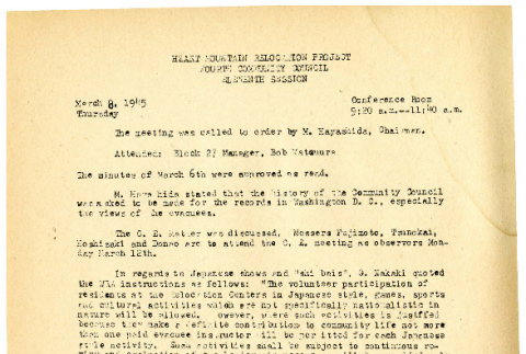 Heart Mountain Relocation Project Fourth Community Council, 11th session (March 8, 1945) (ddr-csujad-45-14)