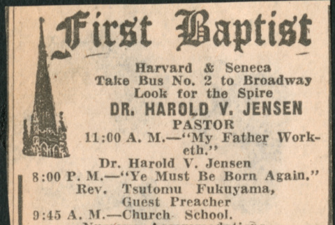 Ad for First Baptist Church services (ddr-densho-483-1129)