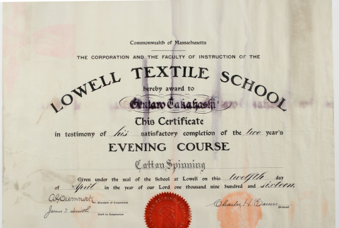 Certificate of Completion, Lowell Textile School (ddr-densho-355-297)