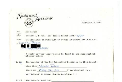 Letter from Wayne Tracy, Judicial, Fiscal, and Social Branch Civil Archives Division, National Archives and Records Administration to Yoneko Takano, June 22, 1988 (ddr-csujad-42-146)