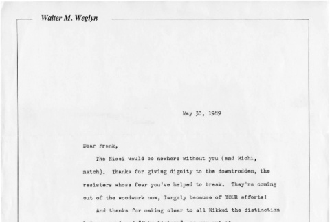 Letter from Walter M. Weglyn to Frank Chin, May 30, 1989 (ddr-csujad-24-12)