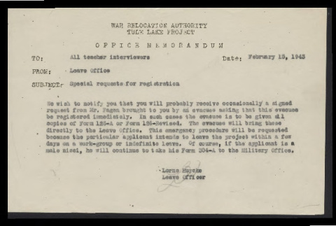 Memo from Lorne Huycke, Leave Officer, to all teacher interviewers, February 15, 1943 (ddr-csujad-55-193)