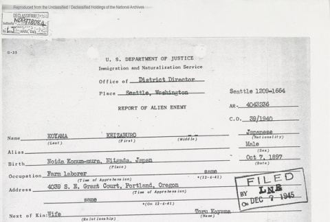 United States Department of Justice Immigration and Naturalization Service Office of District Director, Seattle, Washington, Report of Enemy Alien (ddr-one-5-251)