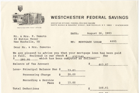 Mortgage paid letter sent to Kaneji and Sylvia Domoto (ddr-densho-329-1227)