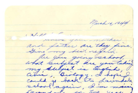 Letter from Emiko [Amy] Terada to Miss Laura Thomas, March 16, 1944 (ddr-csujad-4-19)