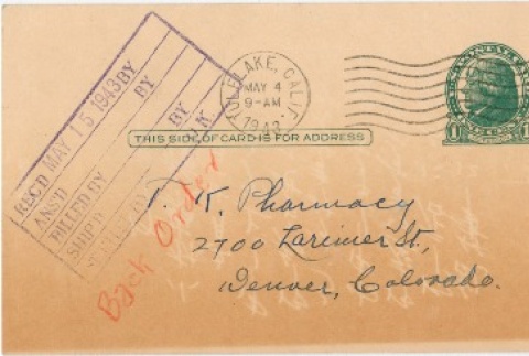 Letter sent to T.K. Pharmacy from Tule Lake concentration camp (ddr-densho-319-33)