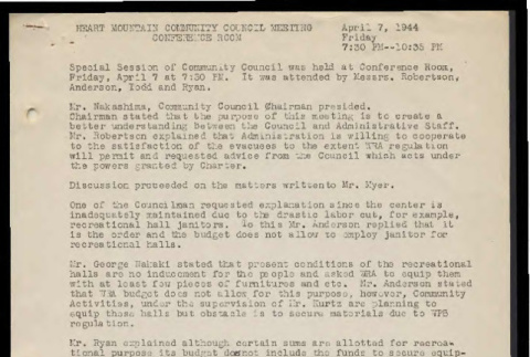 Minutes from the Heart Mountain Community Council meeting, special session, April 7, 1944 (ddr-csujad-55-549)