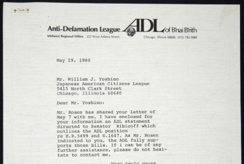 Letter to William Yoshino from Debra Nesselson of the Anti-Defamation League of B'nai B'rith (ddr-chijacl-1-144)