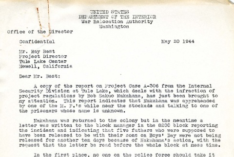 Letter from D. [Dillon] S. Myer, Director, to Mr. Ray [Raymond R.] Best, Project Director, May 20, 1944 (ddr-csujad-2-70)