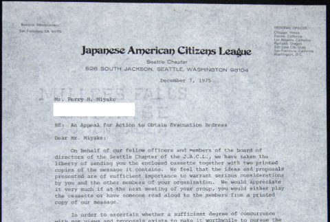 Letter to Perry Miyake from Lindbergh Sata and John Matsumoto (ddr-chijacl-1-18)