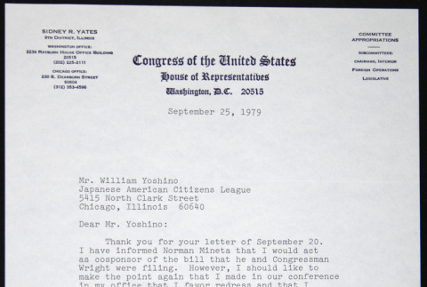 Letter to William Yoshino from Sidney Yates (ddr-chijacl-1-425)