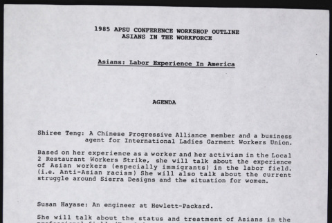 1985 APSU Conference Workshop Outline:  Asians in the Workforce (ddr-densho-530-24)