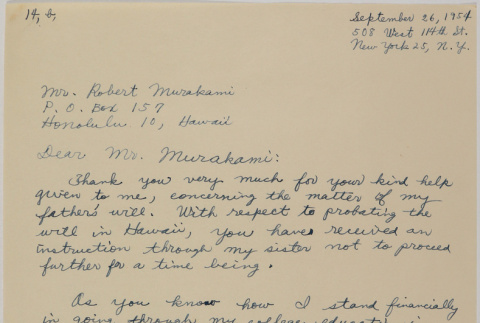 Handwritten copy of letter from Lawrence Miwa to Robert Murakami (ddr-densho-437-187)