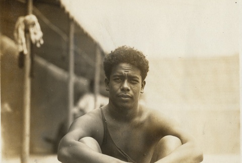Swimmer sitting in his bathing suit (ddr-njpa-2-508)