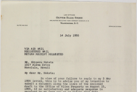 Letter form Oliver Ellis Stone to Shigeru Nakata (ddr-densho-437-61)
