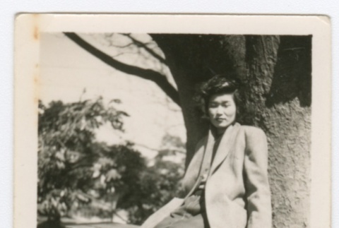 (Photograph) - Image of woman sitting on bench under tree (Front) (ddr-densho-332-1-mezzanine-4c3d770762)