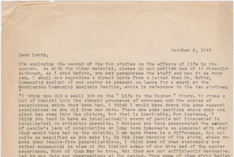 Letter to Larry Tajiri discussing Community Analysis reports (ddr-densho-338-170)