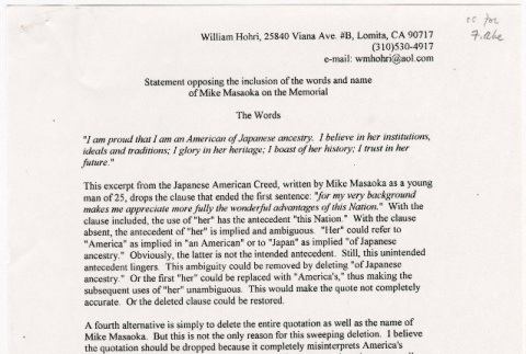 Statement opposing the inclusion of the words and name of Mike Masaoka on the Memorial in Washington D.C. (ddr-densho-122-602)
