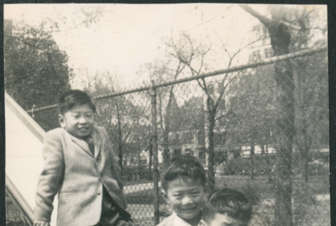 David, Chester Jr. and Gerald Sakura on slide (ddr-densho-523-158)