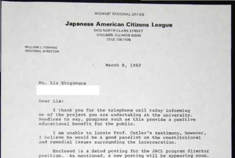 Letter to Lia Shigemura from Bill Yoshino (ddr-chijacl-1-796)