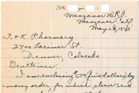 Letter sent to T.K. Pharmacy from  Manzanar concentration camp (ddr-densho-319-401)